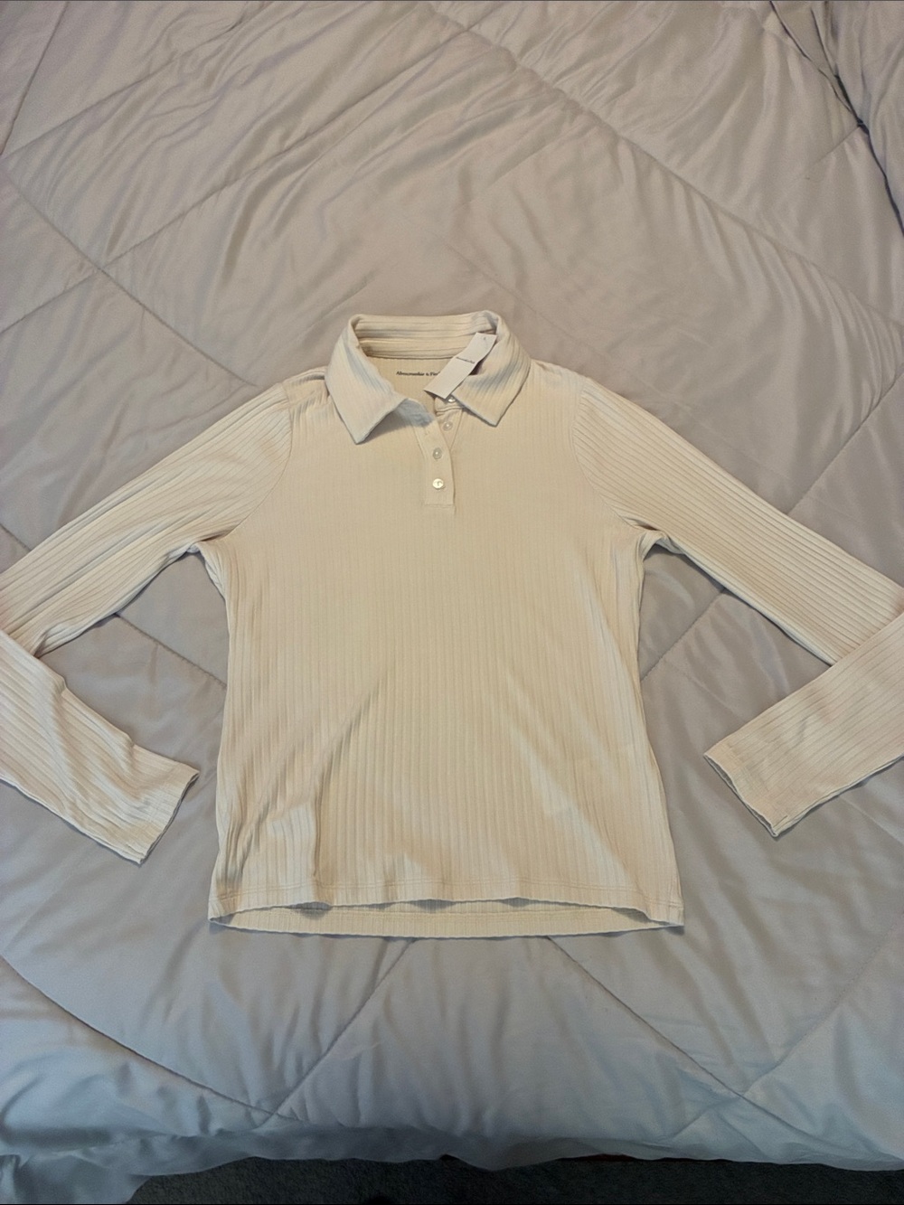 Abercrombie & Fitch Cream Ribbed Long-Sleeve Polo Top